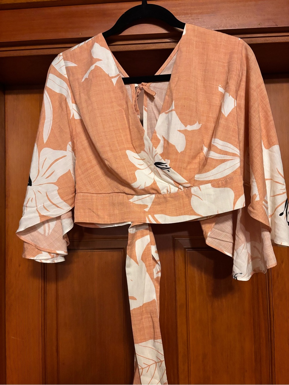 Peach Floral Wrap Crop Top with Tie Detail
